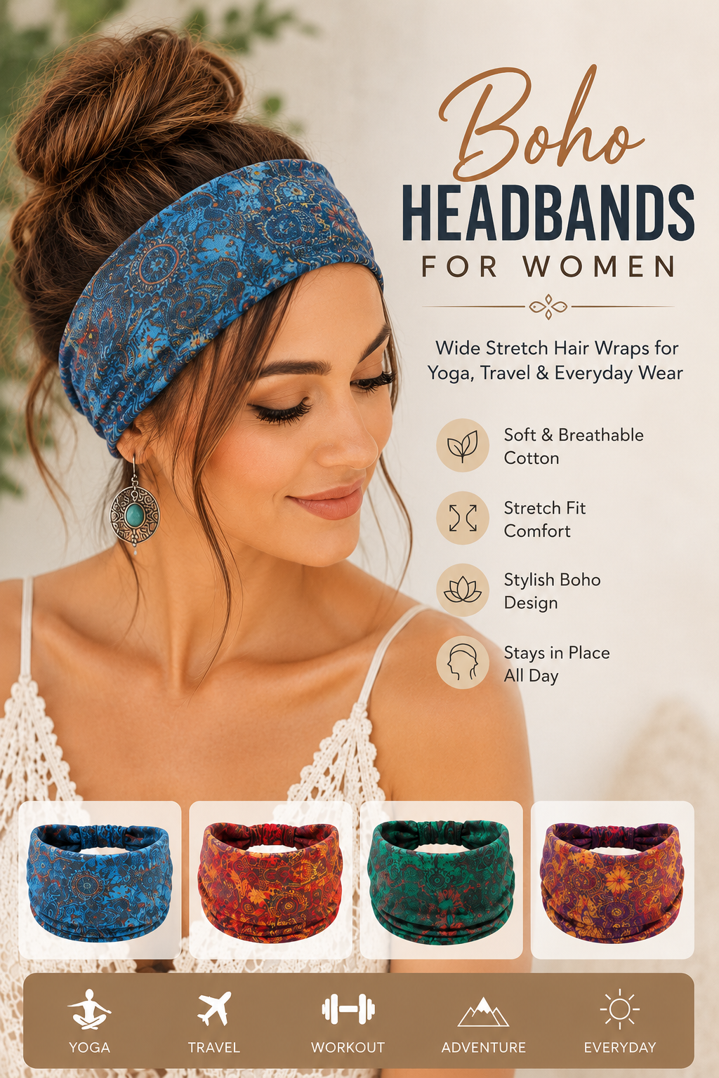 Boho Headbands for Women | Wide Knotted Stretch Hair Wraps for Yoga, Travel & Everyday Wear