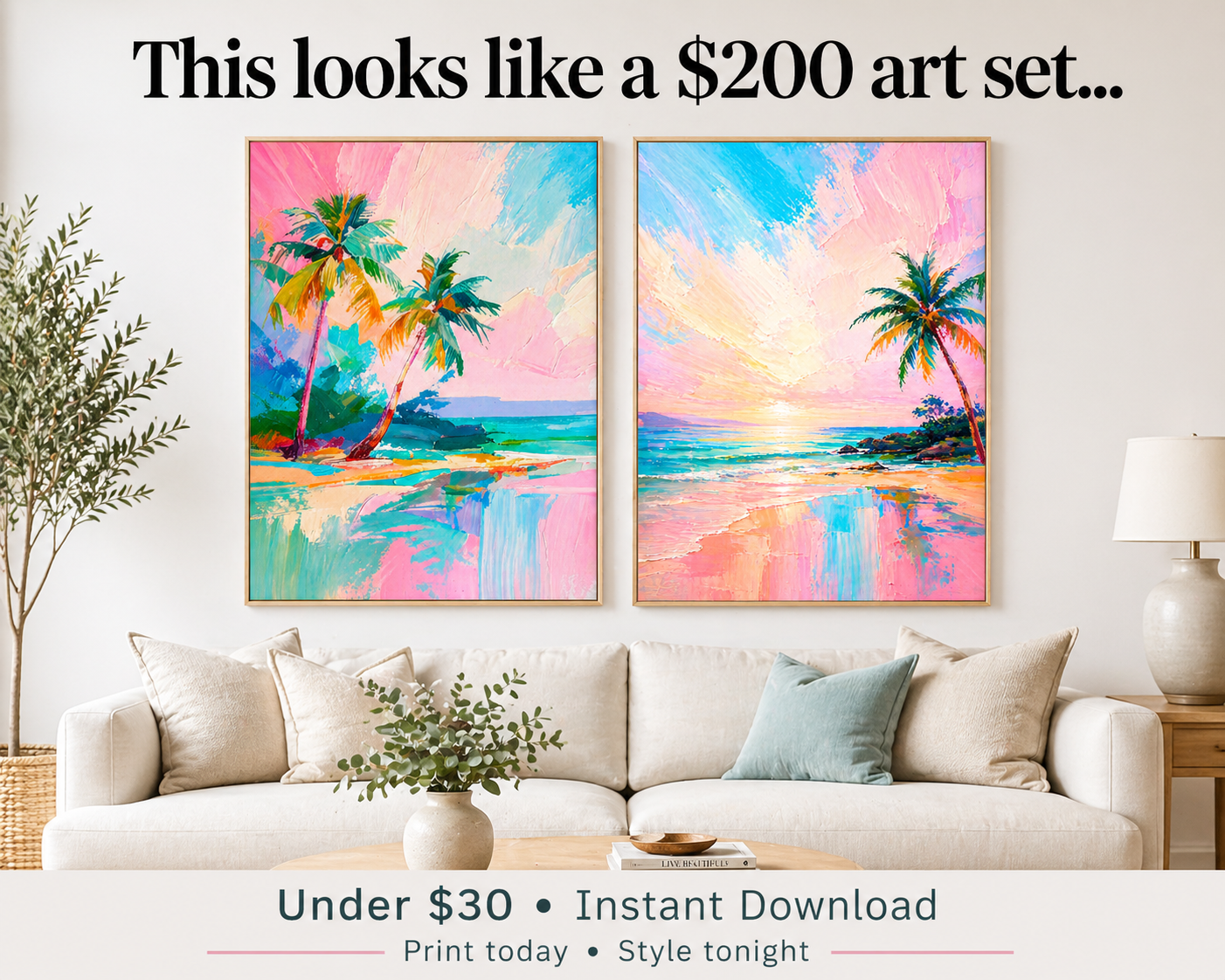 Calm Coastal Wall Art Printable • Beach Nursery Decor • Pastel Ocean Sunset Print • Tropical Art
