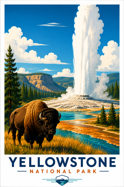 Yellowstone National Park Vintage Bison Geyser Print | Travel Poster (Digital Download)