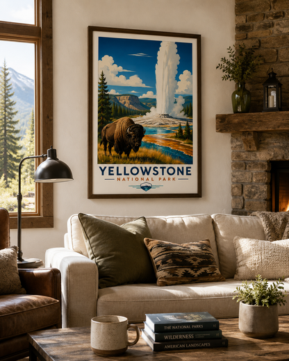 Yellowstone National Park Vintage Bison Geyser Print | Travel Poster (Digital Download)