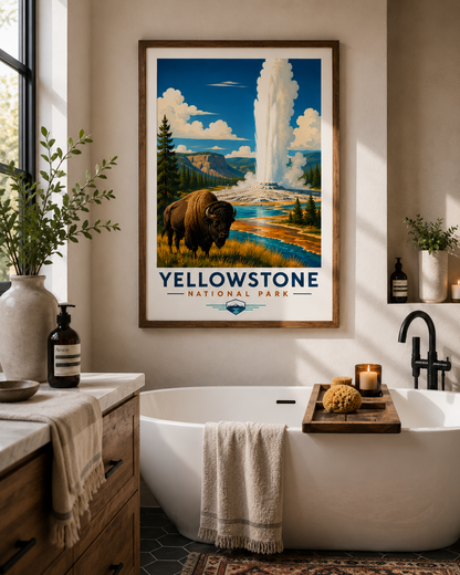 Yellowstone National Park Vintage Bison Geyser Print | Travel Poster (Digital Download)