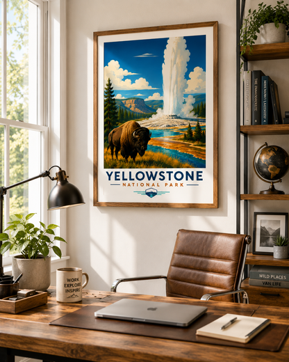 Yellowstone National Park Vintage Bison Geyser Print | Travel Poster (Digital Download)