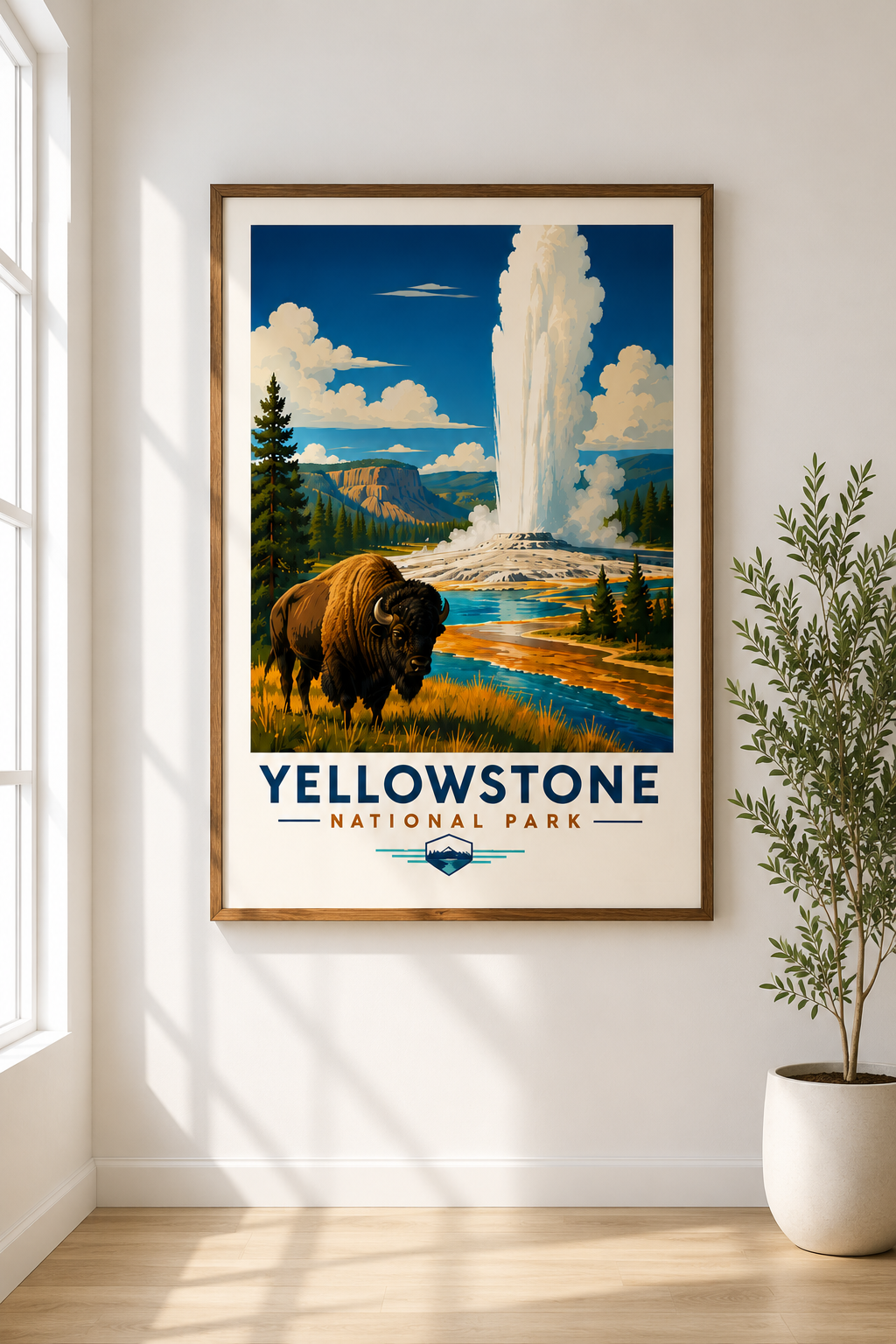 Yellowstone National Park Vintage Bison Geyser Print | Travel Poster (Digital Download)