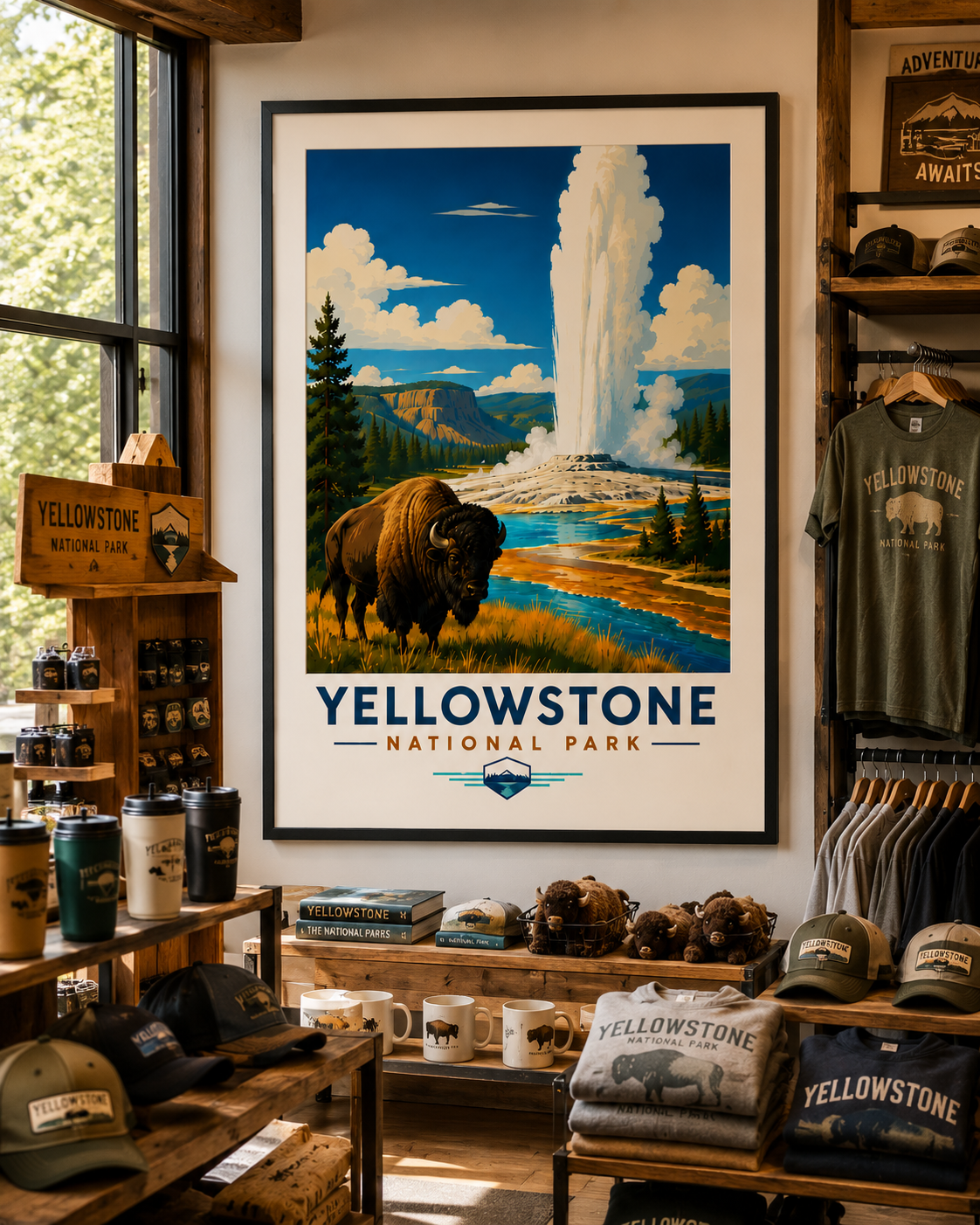 Yellowstone National Park Vintage Bison Geyser Print | Travel Poster (Digital Download)