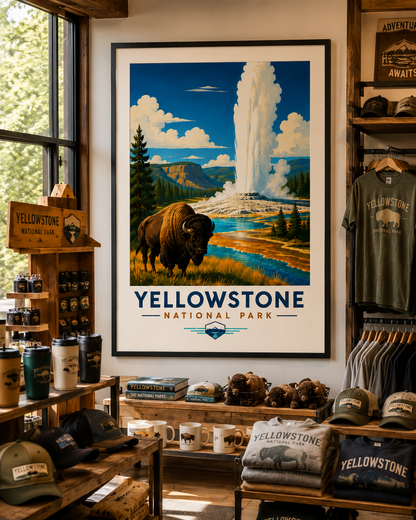 Yellowstone National Park Vintage Bison Geyser Print | Travel Poster (Digital Download)