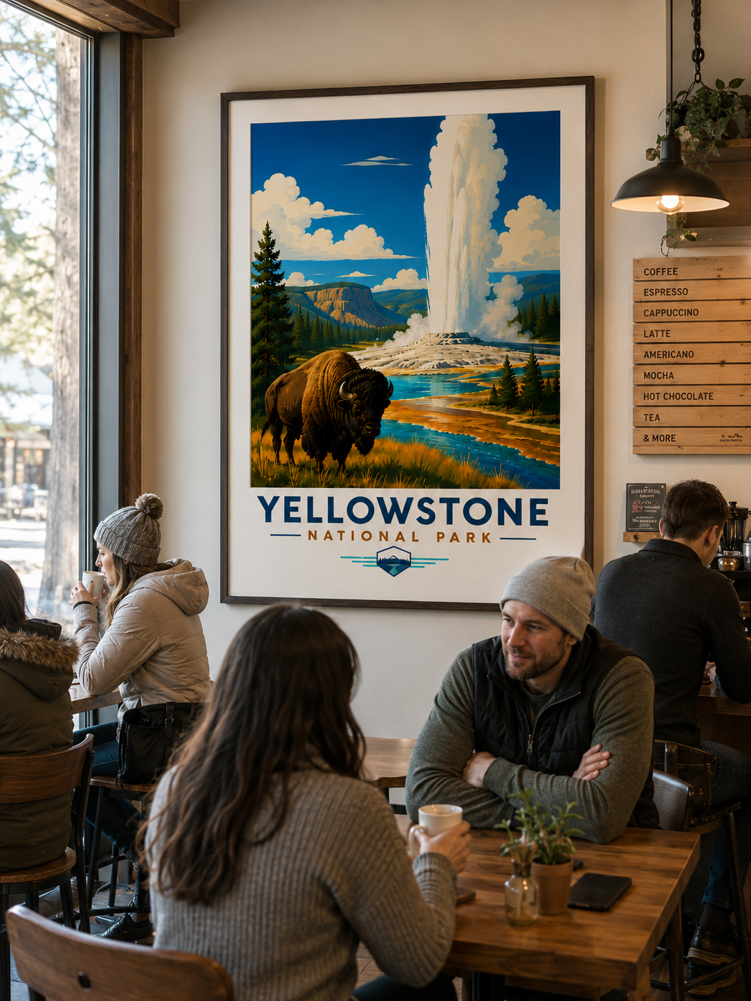 Yellowstone National Park Vintage Bison Geyser Print | Travel Poster (Digital Download)