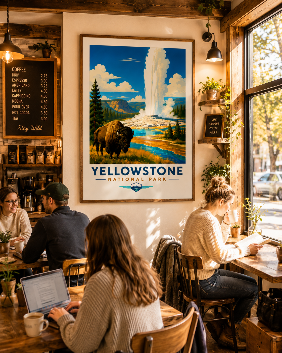 Yellowstone National Park Vintage Bison Geyser Print | Travel Poster (Digital Download)