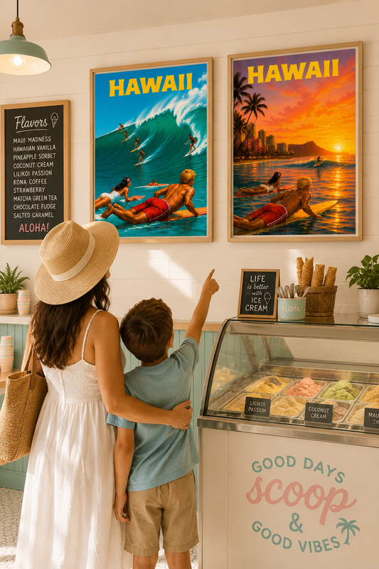 Hawaii Surf Poster Set | Tropical Beach Wall Art Prints | Vintage Coastal Decor