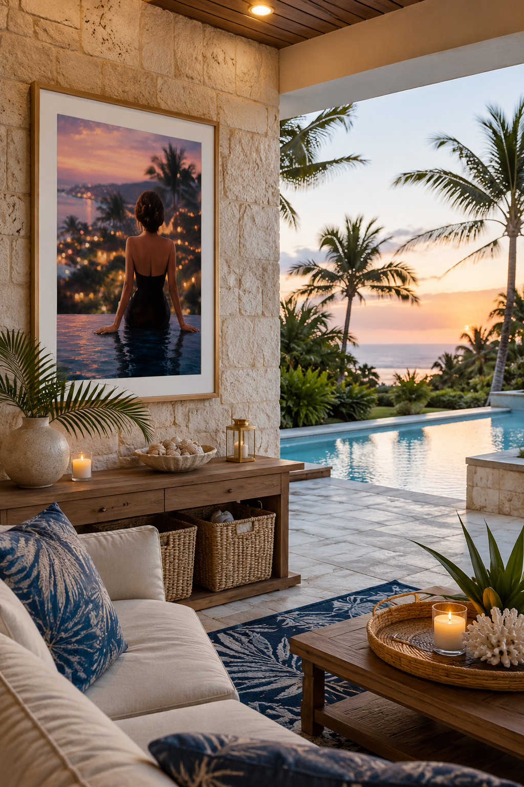 Luxury Poolside Wall Art Print – Tropical Sunset Coastal Printable Art