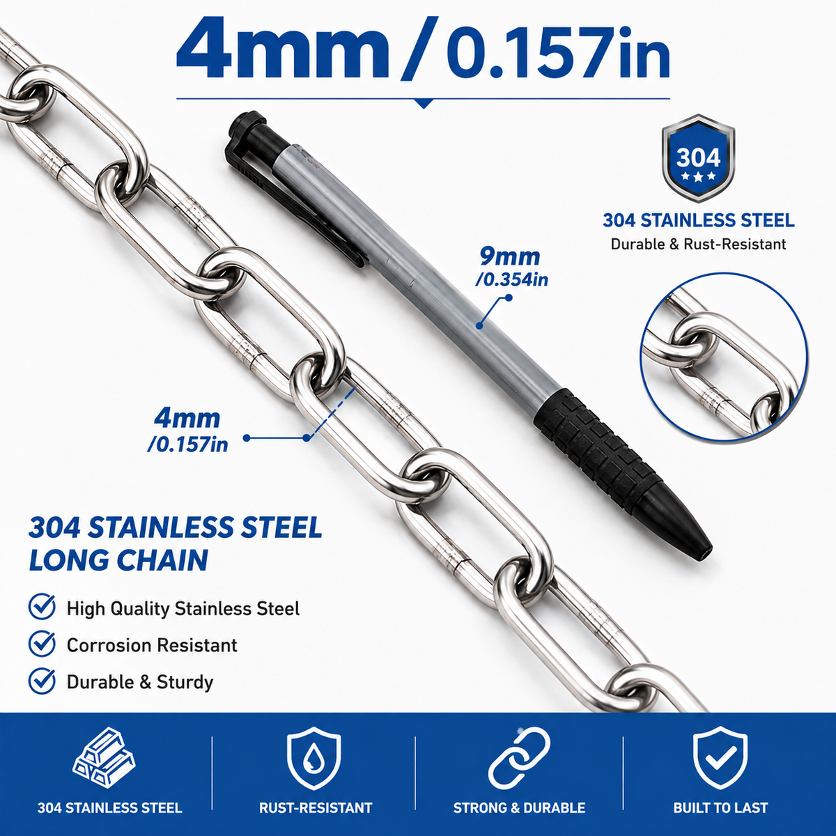 304 Stainless Steel Chain | Rust-Resistant Welded Metal Chain | 1–5 Meter (39.4–196.9 Inch) Heavy Duty Chain | DIY Hanging & Utility Projects