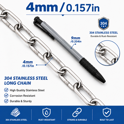 304 Stainless Steel Chain | Rust-Resistant Welded Metal Chain | 1–5 Meter (39.4–196.9 Inch) Heavy Duty Chain | DIY Hanging & Utility Projects