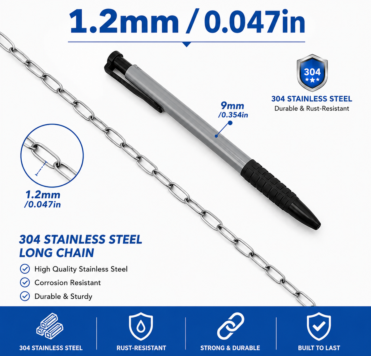 304 Stainless Steel Chain | Rust-Resistant Welded Metal Chain | 1–5 Meter (39.4–196.9 Inch) Heavy Duty Chain | DIY Hanging & Utility Projects