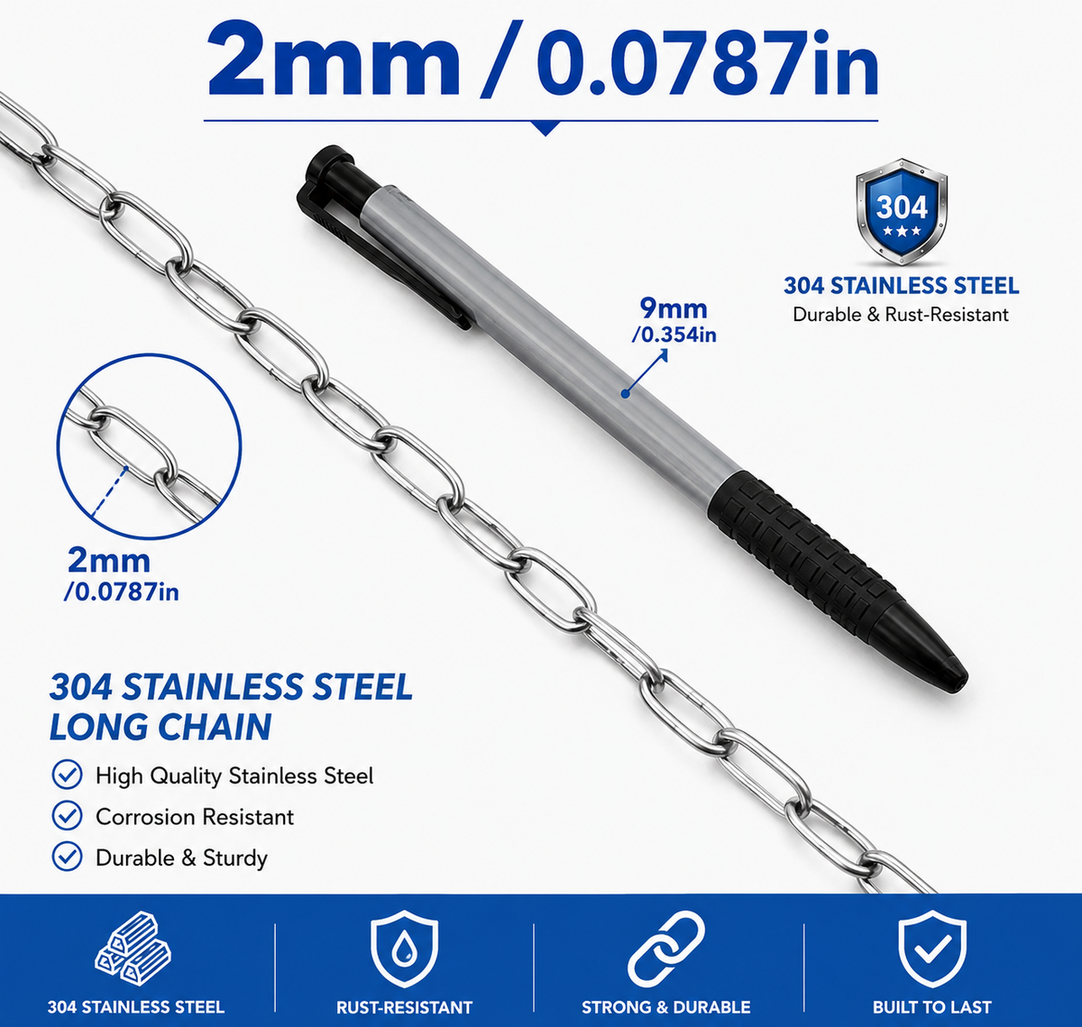 304 Stainless Steel Chain | Rust-Resistant Welded Metal Chain | 1–5 Meter (39.4–196.9 Inch) Heavy Duty Chain | DIY Hanging & Utility Projects