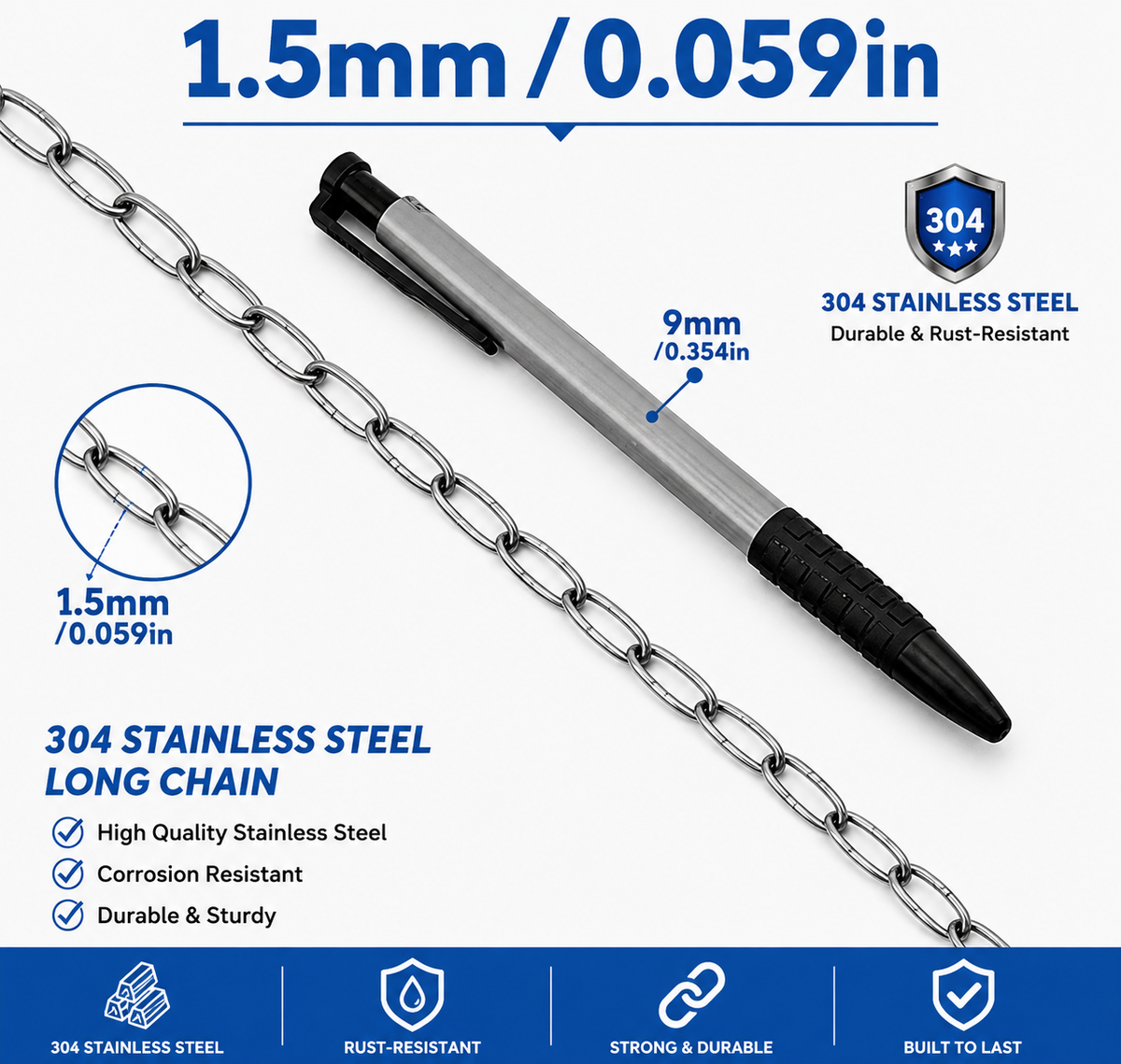 304 Stainless Steel Chain | Rust-Resistant Welded Metal Chain | 1–5 Meter (39.4–196.9 Inch) Heavy Duty Chain | DIY Hanging & Utility Projects