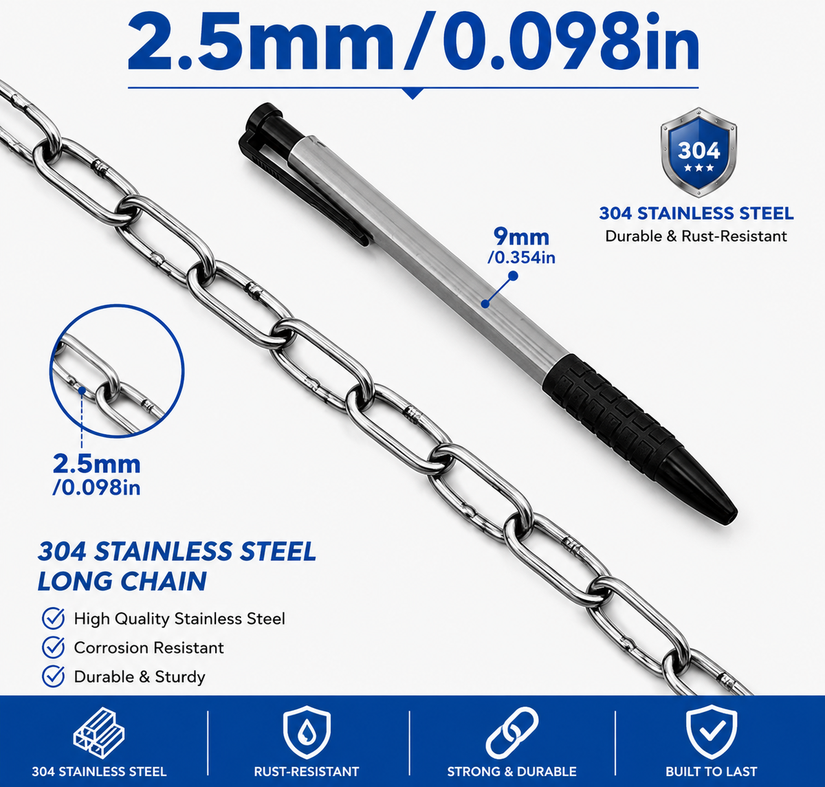 304 Stainless Steel Chain | Rust-Resistant Welded Metal Chain | 1–5 Meter (39.4–196.9 Inch) Heavy Duty Chain | DIY Hanging & Utility Projects