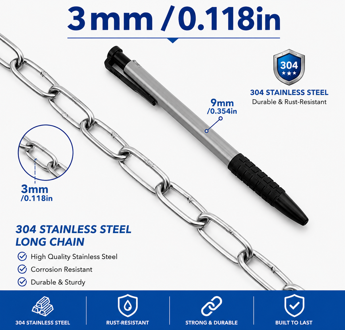 304 Stainless Steel Chain | Rust-Resistant Welded Metal Chain | 1–5 Meter (39.4–196.9 Inch) Heavy Duty Chain | DIY Hanging & Utility Projects
