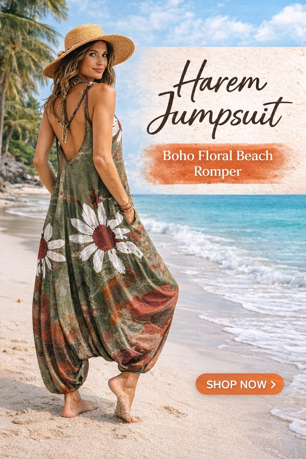 Harem Jumpsuit for Women Boho Floral Beach Tie Dye Backless Jumpsuit Rompers