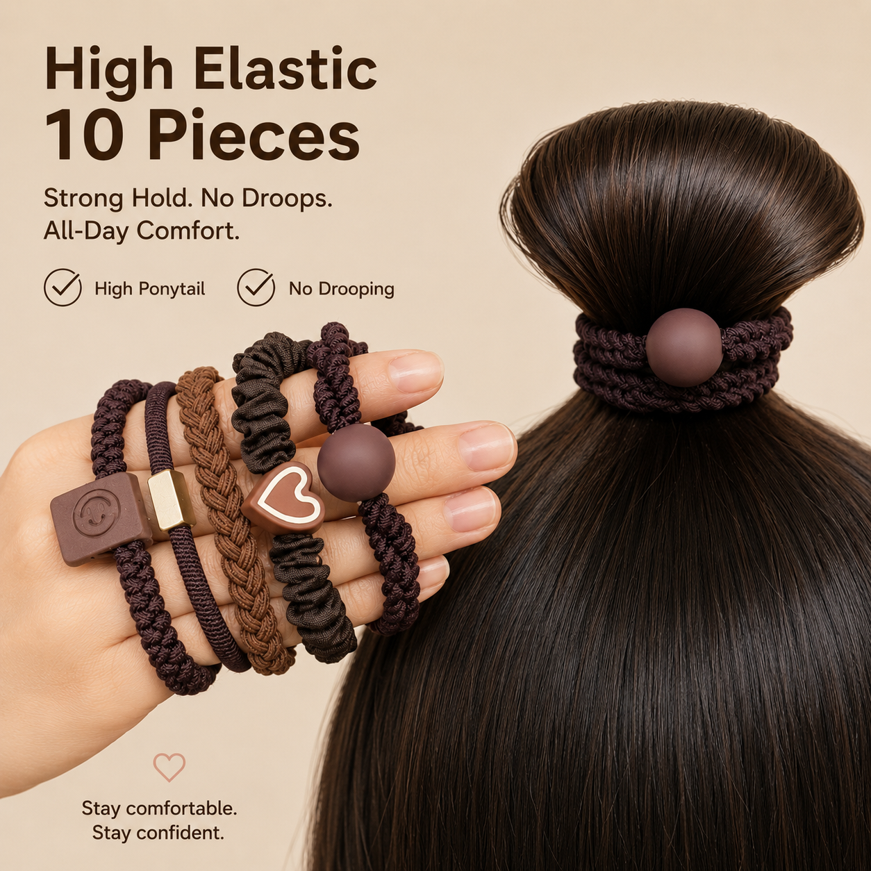 Neutral Boho Hair Ties for Women | Soft Stretch Hair Bands & Wrist Accessories | 10-Piece Everyday Collection