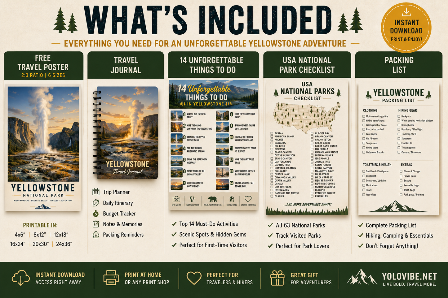 Yellowstone National Park Travel Bundle: FREE Poster, Journal, Guides, Packing list, 14 Unforgettable Things to Do (Digital Download)