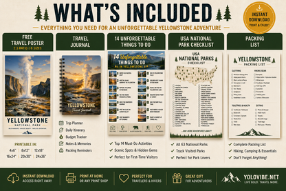 Yellowstone National Park Travel Bundle: FREE Poster, Journal, Guides, Packing list, 14 Unforgettable Things to Do (Digital Download)