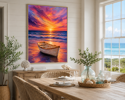 Sunset Boat Wall Art Print | Coastal Ocean Beach Decor | Printable Download