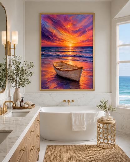 Sunset Boat Wall Art Print | Coastal Ocean Beach Decor | Printable Download