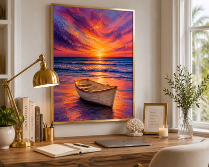 Sunset Boat Wall Art Print | Coastal Ocean Beach Decor | Printable Download