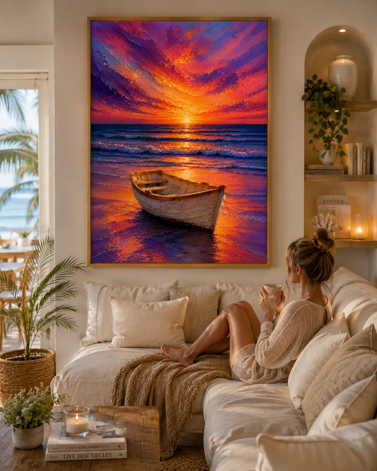 Sunset Boat Wall Art Print | Coastal Ocean Beach Decor | Printable Download