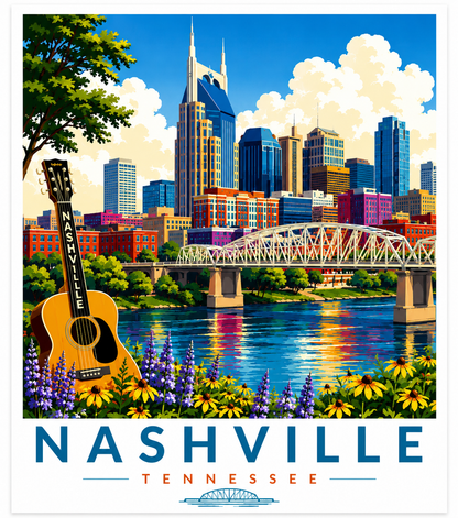 Nashville Travel Poster Wall Art | Iconic Music City Printable Decor | Instant Download
