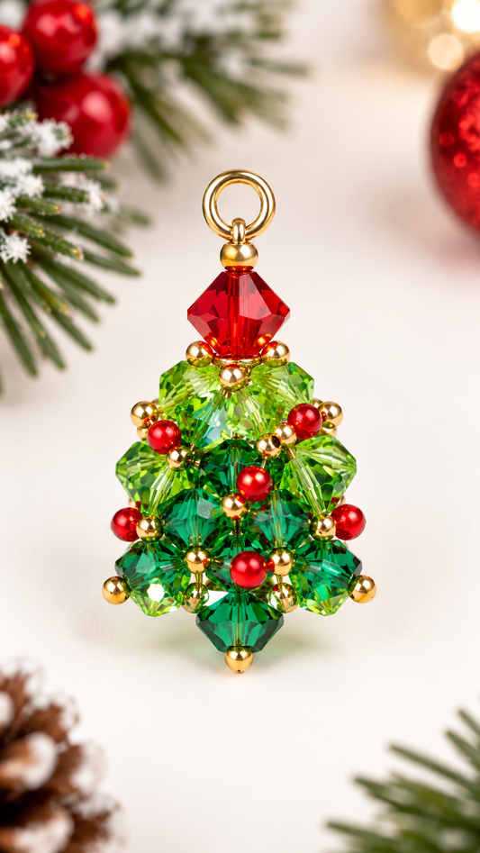 A Christmas tree-shaped crystal charm with green faceted crystals, red crystal berries, and gold-tone metal accents, shown against a softly blurred holiday background with pine branches and red ornaments.