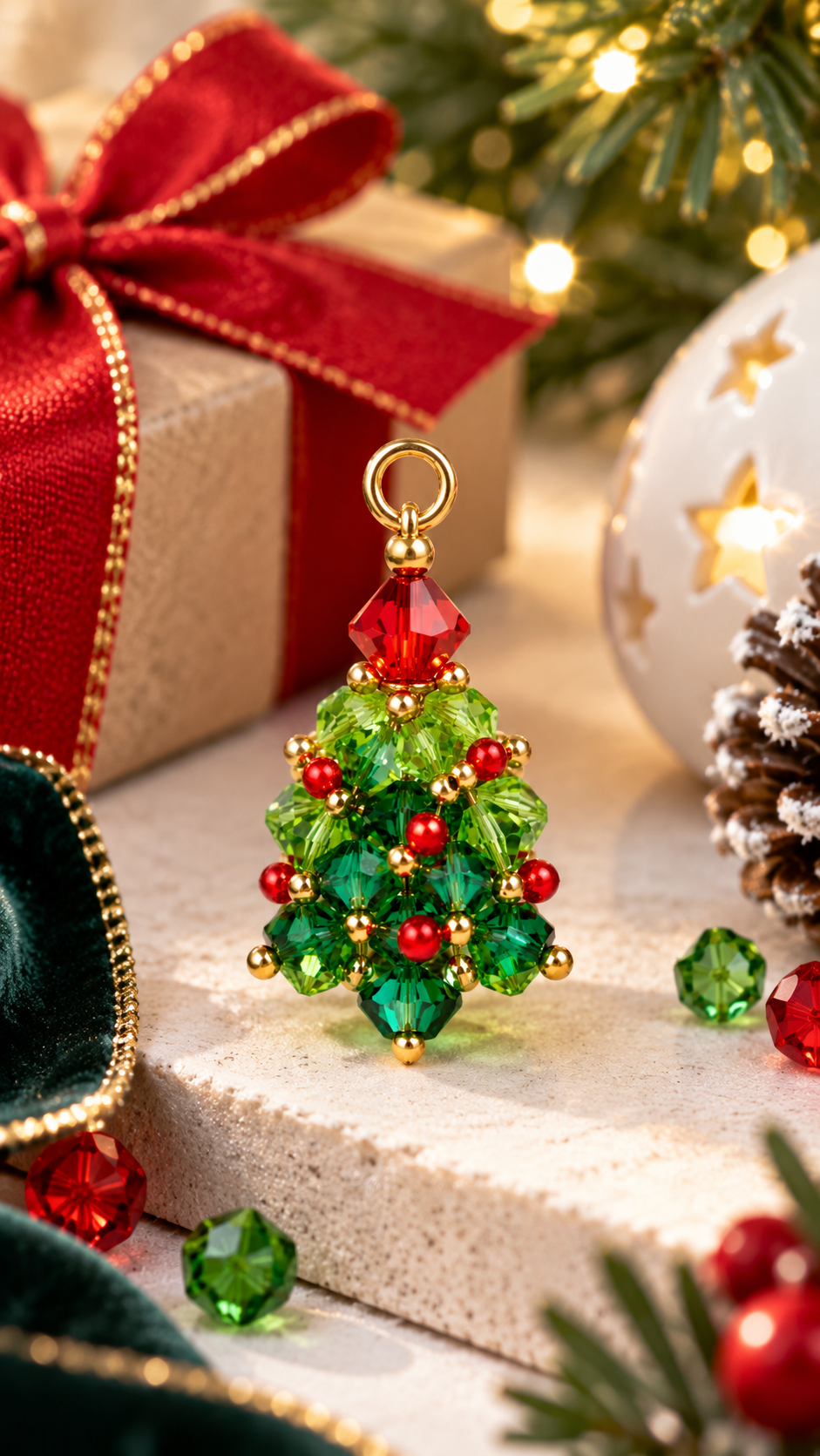 A Christmas tree-shaped beaded ornament made of green faceted beads with red berries and gold accents, displayed on a textured white surface with festive gift props in the background.