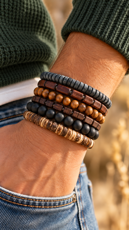 6-Piece Wood Bead Bracelet Set for Men & Women | Boho Stackable Bracelets | Vintage Casual Style