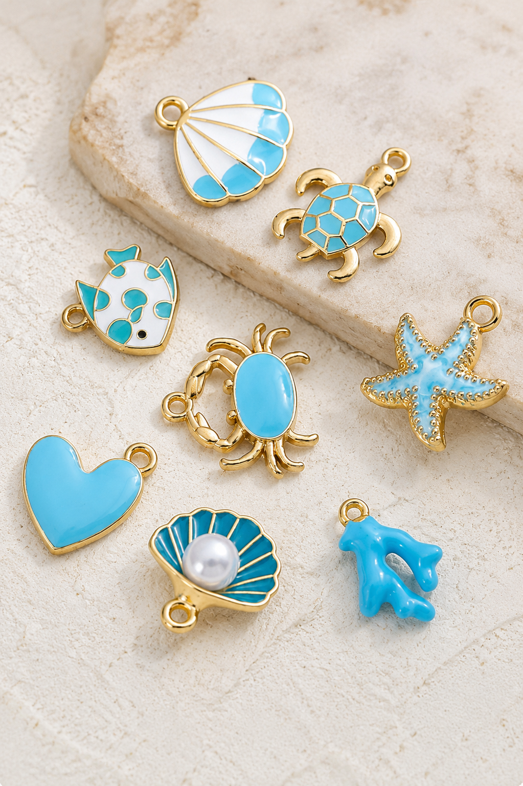 Ocean Charms for Jewelry Making | Black White Turquise & Gold Sea Life Charms | Turtle, Starfish, Shell & Fish Pendants for DIY Jewelry