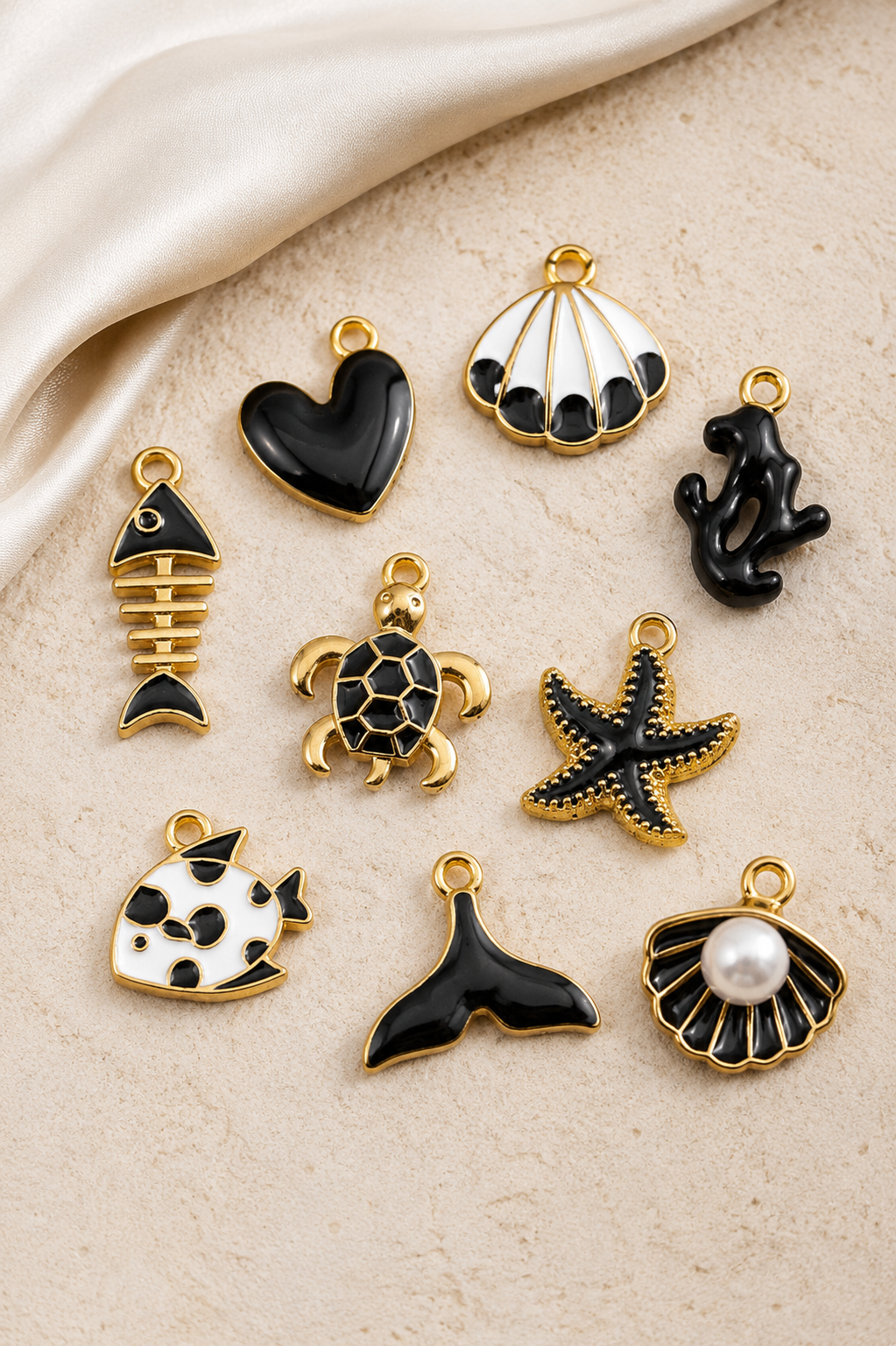 Ocean Charms for Jewelry Making | Black White Turquise & Gold Sea Life Charms | Turtle, Starfish, Shell & Fish Pendants for DIY Jewelry