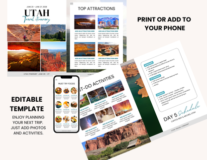 Utah National Parks Itinerary Template | Editable Road Trip Planner | BONUS Hidden Utah Guide | Zion Bryce Arches