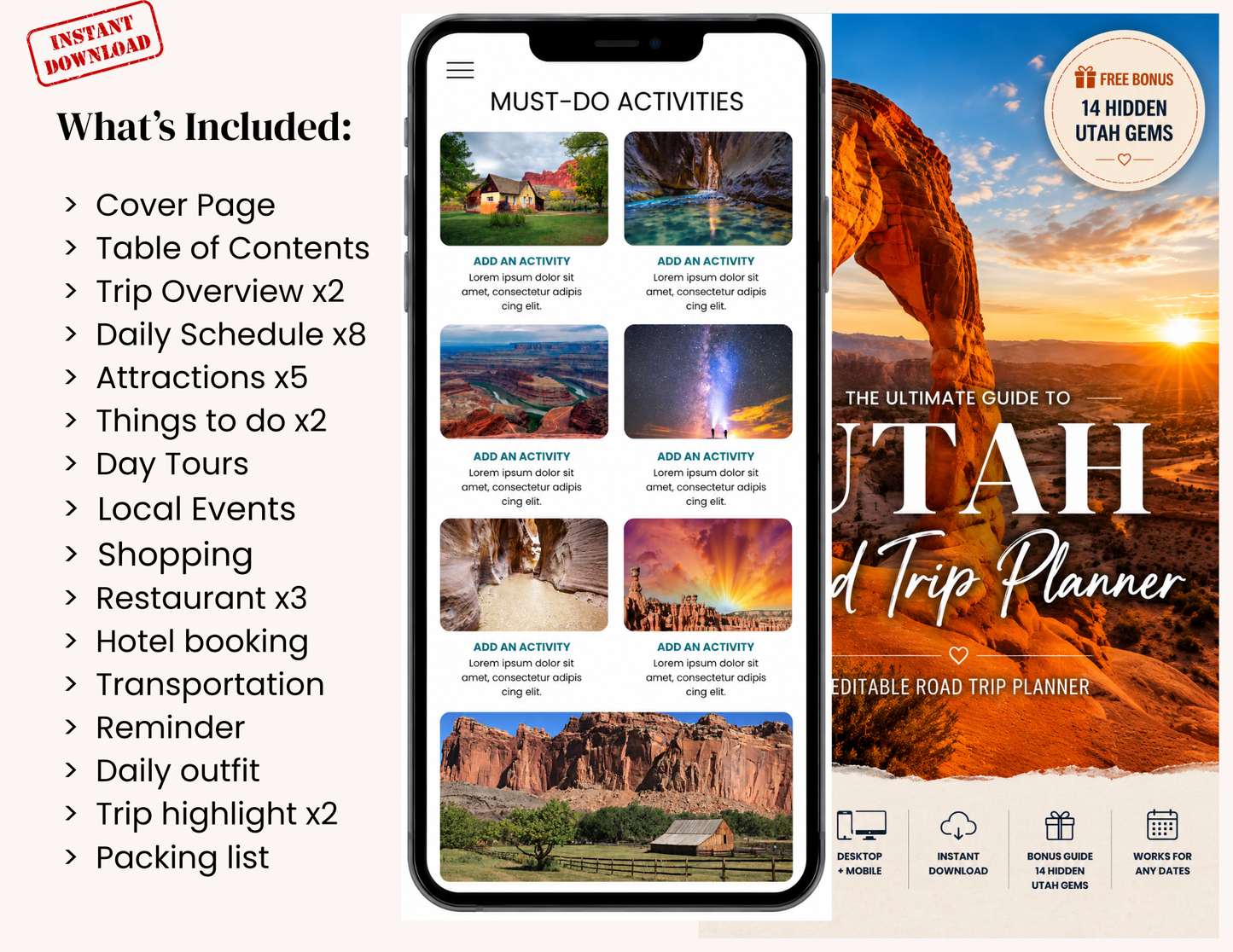 Utah National Parks Itinerary Template | Editable Road Trip Planner | BONUS Hidden Utah Guide | Zion Bryce Arches