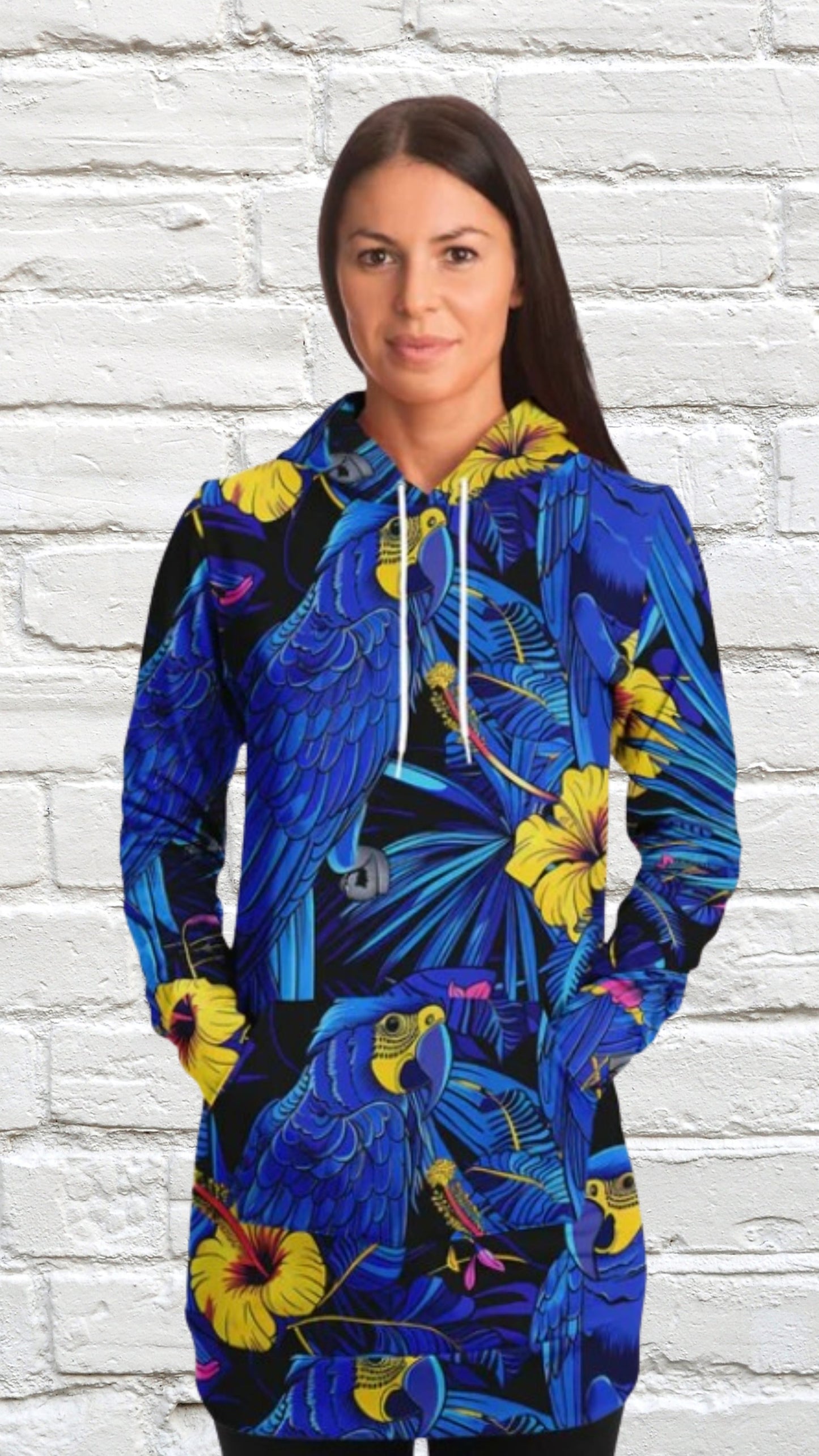 Fashion Longline Hoodie #colorful #vibrant #nature #exotic #floral #tropical #parrots #palm-leaves #wildlife #jungle #fashion #illustration #flowers #hibiscus