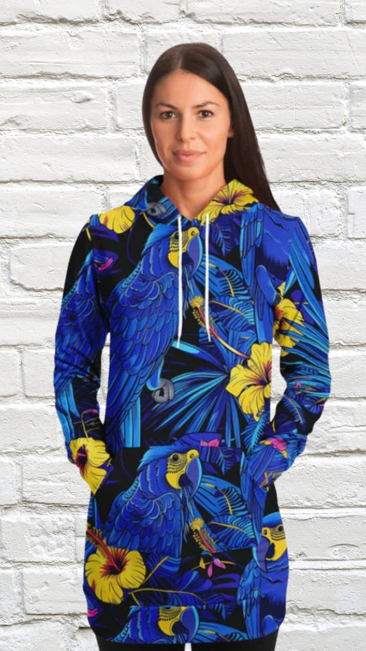 Fashion Longline Hoodie #colorful #vibrant #nature #exotic #floral #tropical #parrots #palm-leaves #wildlife #jungle #fashion #illustration #flowers #hibiscus