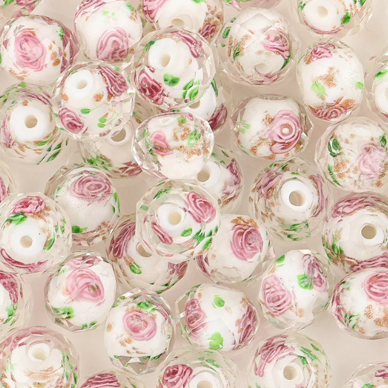 Decorative beads with floral patterns on a beige background