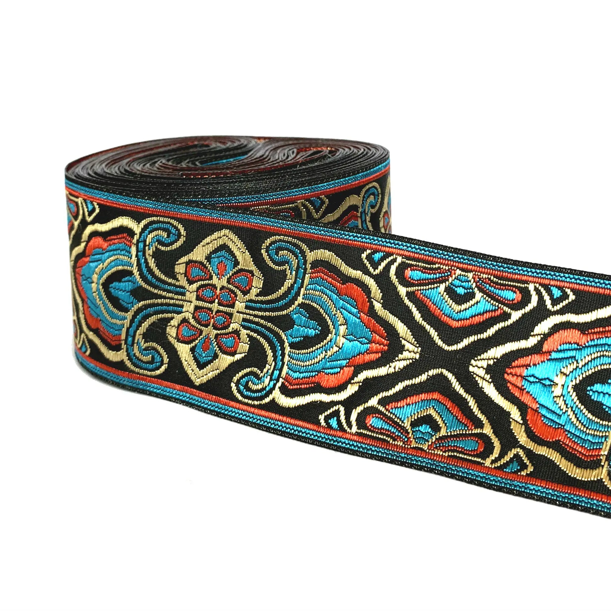 A roll of decorative embroidered ribbon or trim with a black base and intricate floral motifs in turquoise blue, red, and gold, shown on a plain white background.