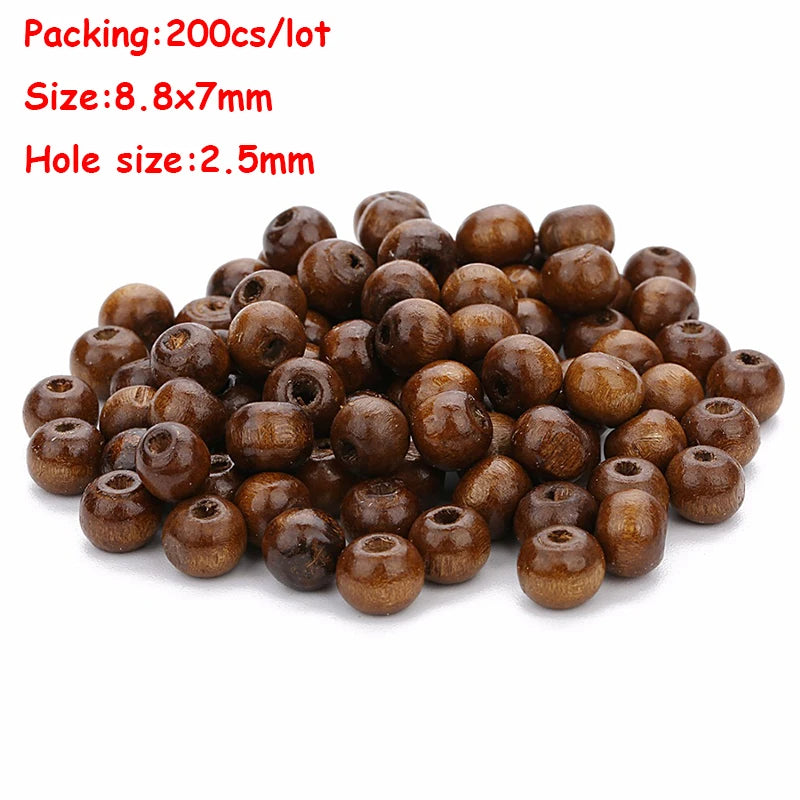 Wooden beads on a white background with specifications in red text.