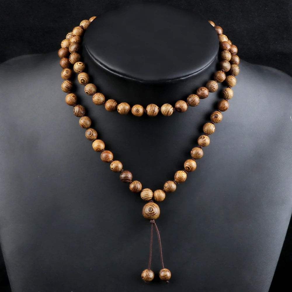 Wooden beaded necklace on a black mannequin