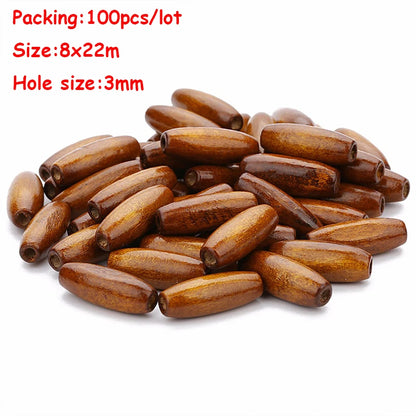 Wooden beads on a white background with product details in red text.