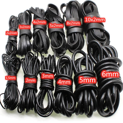Twelve coiled black leather cords or lanyards in different thicknesses, arranged in a grid on a white background with red text labels indicating sizes such as 2x2mm, 3x2mm, 4x2mm, 5x2mm, 8x2mm, 10x2mm, 1.5mm, 2mm, 3mm, 4mm, 5mm, and 6mm.