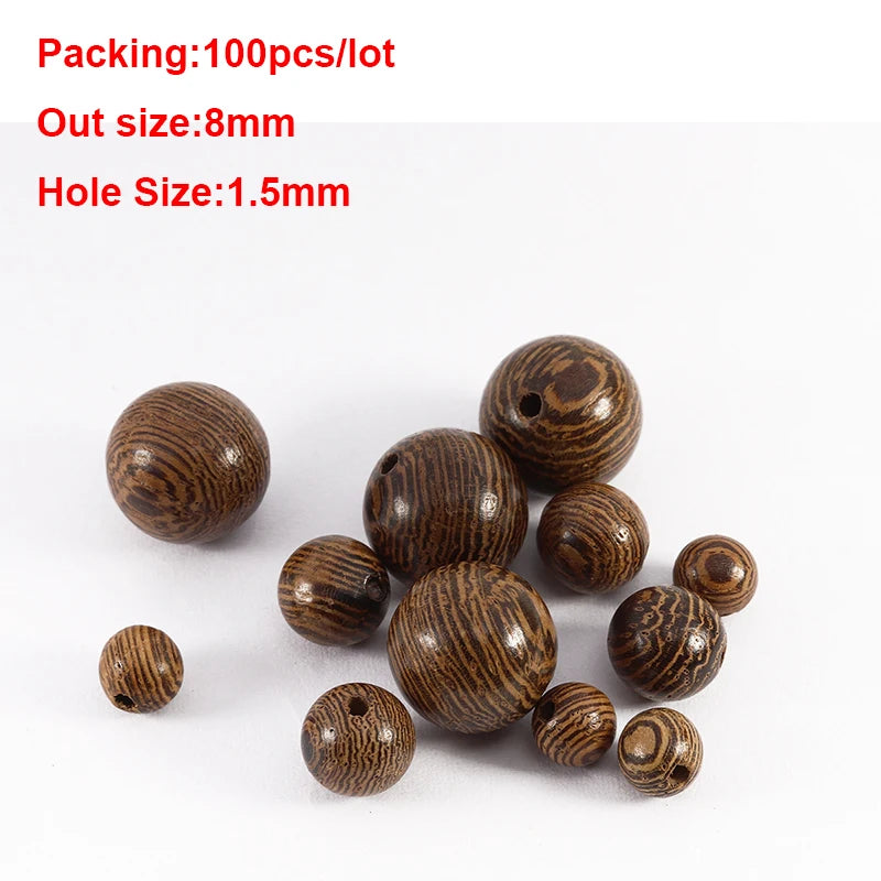 Wooden beads with specifications on a white background