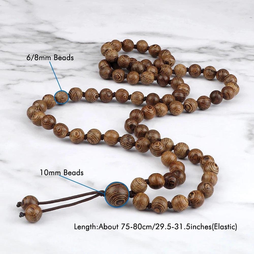 Wooden beaded necklace with measurements on a marble background