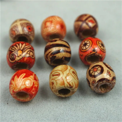 Wooden beads with decorative patterns on a light gray background