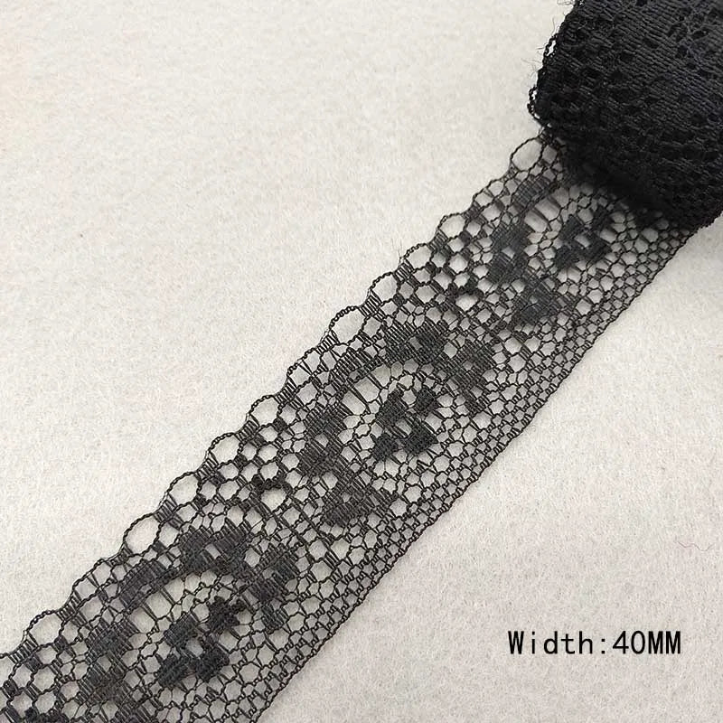Black lace ribbon on a white background with width measurement