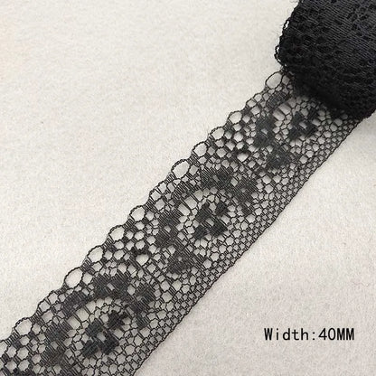 Black lace ribbon on a white background with width measurement