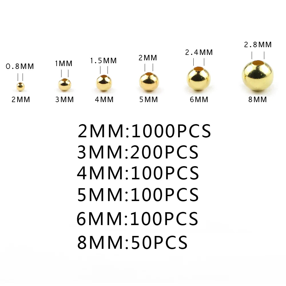 Gold beads of different sizes with corresponding quantities on a white background